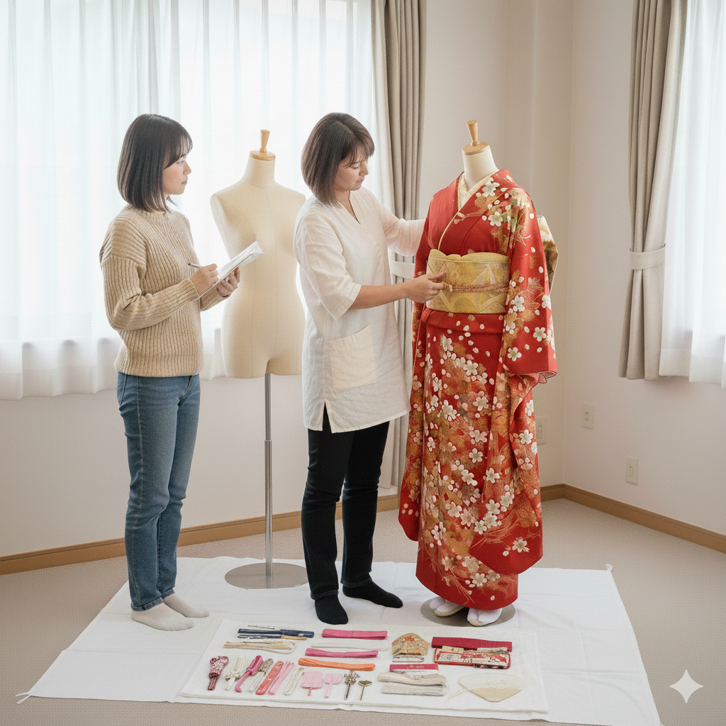 講師が帯結びを細かく指導する他装着付けのレッスン風景